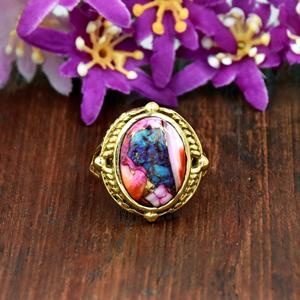 Kingman Pink Dahlia Turquoise Bezel Setting Fancy 18K Gold Vermeil Leaves Luxury Women's <b>Statement</b> Band Handmade <b>Ring</b> - Product Image 4