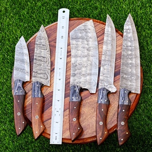 Ensemble de 5 couteaux de cuisine en acier Damas à lame droite faits à la main, manche en bois, étui en cuir, couteaux de survie, utilitaires, de chasse - Product Image 4