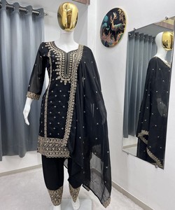 Hot Selling <b>Kurti</b> Sharara Dupatta Set Premium Fancy Ethnic Wear Boutique Fashion Collection dubai style 81038 AC-7084 7094 Black - Product Image 2