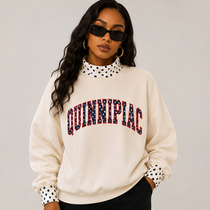 OEM Custom Logo Chenille Tackle Twill Applique Letter <b>Sweatshirt</b> Pink <b>White</b> Dotted Trim Collar Mock neck Sweater Oversized - Product Image 2
