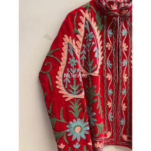 Veste en velours rouge à col mandarin pour femme, style ethnique, broderie florale faite à la main, pull à manches longues, style automne - Product Image 5