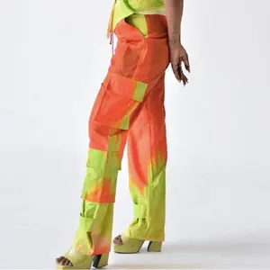 2024 dernière conception femmes couleur bloqué confort taille haute plaine coton Cargo rouge, vert tricoté Cargos avec 2 poches à la mode