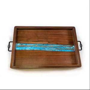 Plateau de service rectangulaire en bois d'acacia massif à grain traversant avec résine, style patchwork, pour café, thé, petit-déjeuner, décoratif et rustique - Product Image 5