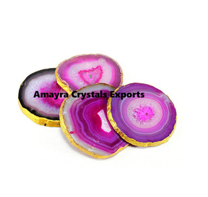 Natural Agate PINK Color Gemstone Coaster <b>Clock</b> Crystal Slice Golden Border Plated Polished Waterproof Mascot Home Decor Gujarat - Product Image 2