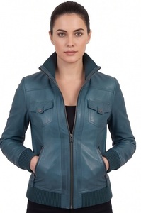 Chaqueta Bomber de Cuero Azul Turquesa para Mujer al por Mayor con Ribete de Punto Acanalado, Cuello Alto, Ecológica, Cortavientos, de Invierno, Estilo Aviador Personalizado - Product Image 4