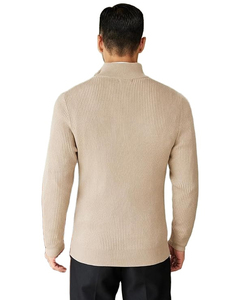Pull tricoté en fibre de bambou beige pour homme, col zippé, couleur unie, décontracté, pour l'automne, à manches longues, côtelé, avec logo frontal - Product Image 3