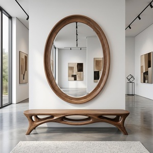 Miroir mural ovale de luxe en bois massif, miroir de salle de bain en noyer à cadre profond, miroir d'appoint élégant à cadre vertical en bois, article HD - Product Image 3