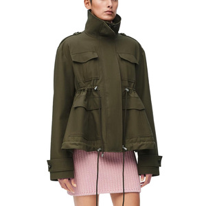 Women's Olive Green Utility Safari <b>Jacket</b> Stand Collar Full Sleeve Zipper Closure Patch Pockets Windproof Autumn Wear - Product Image 1