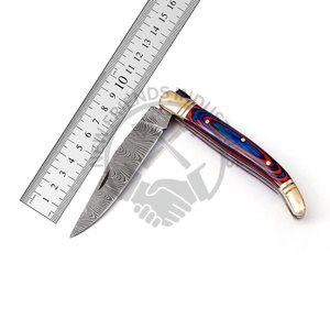 Couteau pliant Damas nouvelle édition haut de gamme avec étui en cuir, 8,5 pouces de long, couteau de poche Laguiole avec manche en bois bleu-noir et bolster en laiton - Product Image 1