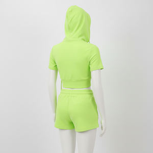 Ensemble deux pièces pour fille, tendance, 100% coton, sweat à capuche court zippé en molleton français, short taille haute avec poches et ceinture, coupe classique, OEM - Product Image 4