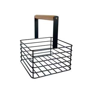 Square Black Metal Wire <b>Storage</b> <b>Basket</b> with Tall Wooden Handle Iron Mesh Picnic Hamper for Kitchen Fruit <b>Vegetable</b> Organizer - Product Image 1