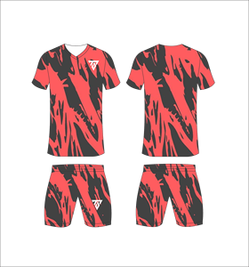 Conjunto de uniforme de fútbol sublimado personalizado para hombre con camiseta con estampado de salpicaduras de pintura roja y gris oscuro y pantalones cortos a juego - Product Image 1
