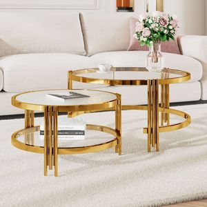 Juego de mesas de centro modernas de 2 piezas con acabado dorado, mesas nido de vidrio texturizado para sala de estar, 32.7 pulgadas - Product Image 6