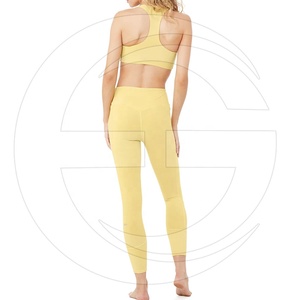 Ensemble de leggings et soutien-gorge de sport sans couture jaune pour femme, col en V, dos nageur, maintien élevé, couleur unie, Spandex Nylon, simple et écologique - Product Image 3