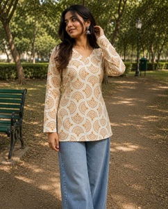 Fancy Printed Pure Cotton Short Kurti V Neck Long Sleeve Regular Fit Casual Tunic <b>Top</b> Recycled Materials All Seasons India - Product Image 1