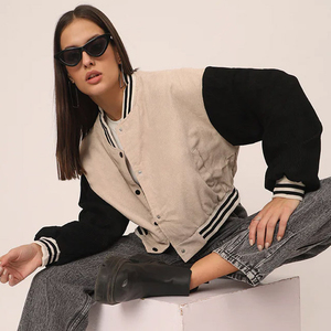 Custom Women's Patchwork Varsity Jacket Sheepskin Sleeve Chenille Embroidery Letterman Baseball Jacket - Product Image 5