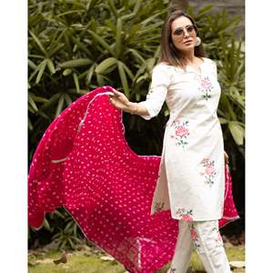 Ensemble de costume en coton brodé de fleurs blanches pour femmes avec dupatta rose, tenue décontractée d'été - Product Image 4