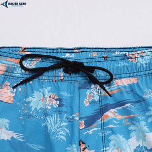 Men's Quick Dry Board Shorts Blue Tropical Print Drawstring Waist Casual Swim Trunks 100% Polyester Woven Fabric - Product Image 6
