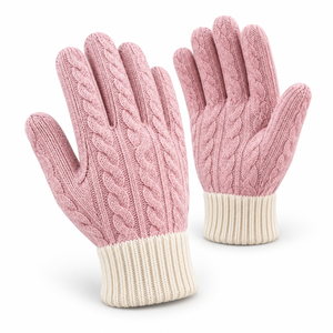 Pink Cable <b>Knit</b> <b>Gloves</b> With Cream Ribbed Cuff Machine Washable Cotton Textured Anti-Slip Full Coverage General Purpose - Product Image 1