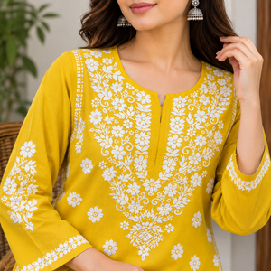 Kurti droit en coton brodé à la main Chikankari jaune moutarde exclusif pour femme avec col en tissu ethnique à motifs floraux - Product Image 3