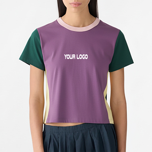 OEM/ODM Hot Selling Casual Wear Color Block Crop <b>Top</b> O-Neck T-shirt For Women 100% Cotton Jersey Summer Wear Lightweight Shirt - Product Image 1