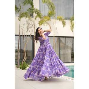 Magnifique robe trapèze à imprimé floral, taille empire, en tissu mousseline, idéale pour les soirées - Product Image 6