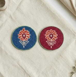 Hand-Beaded Floral <b>Coasters</b> | Boho Glass Seed Bead <b>Drink</b> <b>Coasters</b> (Set of 2) by whimsy art craft - Product Image 1
