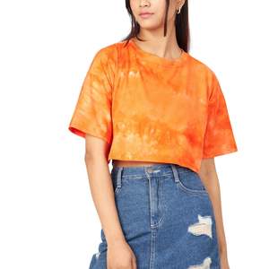 Nouveau T-shirt court en coton tie-dye orange pour femme, coupe oversize, décontracté, manches courtes, été, logo personnalisé, vente en gros OEM - Product Image 2