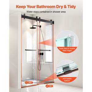 Porte de douche en verre trempé sans cadre 48\"L x 76\"H, silencieuse, incassable, avec bande d'étanchéité de rail, épaisseur 3/8\", revêtement nano transparent coulissant - Product Image 5