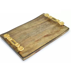 Bandeja de servir ovalada de madera de mango de lujo con asas de hoja de metal dorado hechas a mano, bandeja decorativa para cocina, hotel y restaurante - Product Image 5