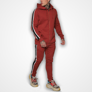 Men's <b>Red</b> Zip-Up <b>Hoodie</b> Sweatshirt Set With Black White Side Stripes Slim Fit Casual Autumn Wear Knitted Cotton French Terry - Product Image 4