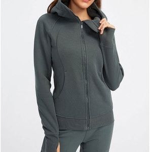 Sweat-shirt à capuche pour femme, couleur unie, fermeture éclair, manches longues, tricoté, respirant, coupe régulière, avec poches, pour l'automne - Product Image 1