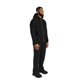 Men's Black <b>Full</b> <b>Zip</b> <b>Hoodie</b> Tracksuit Solid Color Casual Wear 100% Cotton Lightweight Regular Fit Winter Style Side Pockets - Product Image 2