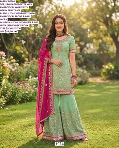 Robe Sharara Rangriti moderne à motif floral avec broderie, taille naturelle confortable, longueur ras du sol, silhouette sirène en Georgette - Product Image 1