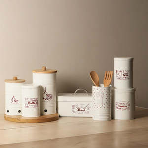 Conteneur de rangement cylindrique en métal blanc avec couvercle en bois pour la conservation des aliments frais dans la cuisine, design minimaliste - Product Image 5