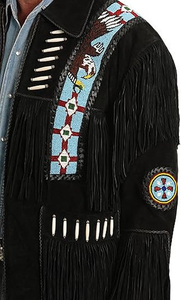 Chaqueta de cuero genuino negra al por mayor para hombre, estilo vaquero occidental con flecos y cuentas, abrigo con borlas hecho a mano - Product Image 6