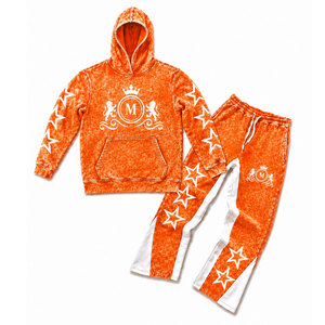 Conjunto de chándal con capucha en lavado ácido naranja con estrellas blancas y pantalones largos con cordón de 350 gsm, 100% algodón, estilo urbano. - Product Image 1