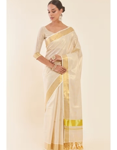 Sari en soie Kasavu KV Gold Tissue avec pallu et bordure Zari, réversible et infroissable, chemisier non cousu inclus - Product Image 5