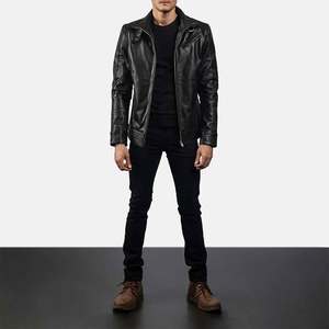 Mens Genuine Leather <b>Jacket</b> Stand Collar Closure <b>Slim</b> <b>Fit</b> Solid Black Regular Length Autumn Wear - Product Image 2
