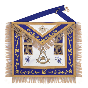Tablier de Maître Ancien de Loge Bleue Maçonnique, Meilleures Ventes, avec Franges en Tresse Dorée et Broderie Dorée - Fournisseur de Regalia - Product Image 1