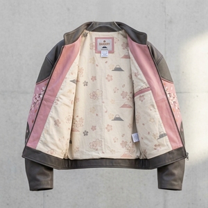 Men's <b>Pink</b> Leather Bomber <b>Jacket</b> With Cherry Blossom Embroidery And Mount Fuji Design Spring Japan Style Turn-down Collar Zipper - Product Image 5