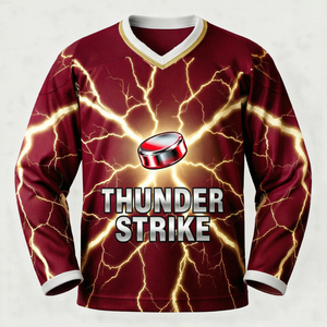 เสื้อฮอกกี้น้ำแข็ง Thunder Strike สำหรับผู้ชาย คอวี แขนยาว พิมพ์ลายแบบ Sublimated ระบายเหงื่อได้ดี ผลิตจากโพลีเอสเตอร์ - Product Image 1