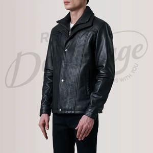Chaqueta de Cuero Genuino Negra Premium para Hombre, Diseño de Paneles Verticales, Cuello Alto, Corte Ajustado, Estilo Urbano, Abrigo Informal - Product Image 4