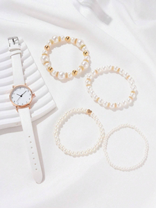 Reloj de Cuarzo Casual para Mujer 192026 con Correa de Cuero PU y Conjunto de Pulsera de Perlas - Product Image 4
