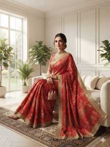 Sari Elegante de Diseño Bollywood Indio-Pakistaní, Saree Étnico Chic Rojo de Tela de Seda Dola Suave, Exclusivo y Moderno de Boutique India Nx - Product Image 4