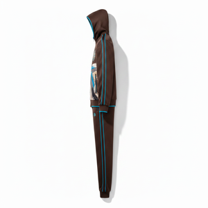 Ensemble de survêtement marron à capuche pour homme avec imprimé abstrait et bordure bleue, tenue décontractée d'automne, pantalon de jogging à manches longues avec fermeture éclair sur le devant et côtés - Product Image 5