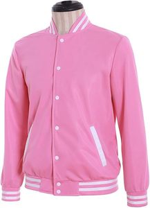 <b>Pink</b> Varsity <b>Jacket</b> Regular Fit Button Closure Solid Color Polyester Material Unisex Preppy Style Spring Wear - Product Image 4