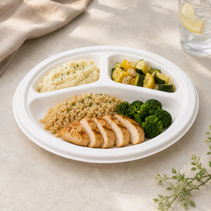 Bandeja Redonda Desechable de 9 Pulgadas con 3 Compartimentos de Bagazo de Caña de Azúcar para Catering, Comida para Llevar, Bodas y Fiestas, Ligera - Product Image 6