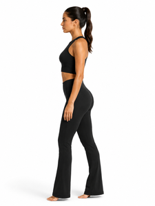 Ensemble de yoga noir 2 pièces : Crop top dos nageur col rond et Legging taille haute longueur intégrale, avec surpiqûres contrastées, sans coutures, écologique - Product Image 2