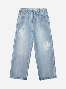 Jean baggy délavé vintage uni/à motifs pour homme, pantalon en denim large style streetwear Y2K, coupe régulière respirante décontractée pour femme, style hip-hop - Product Image 3